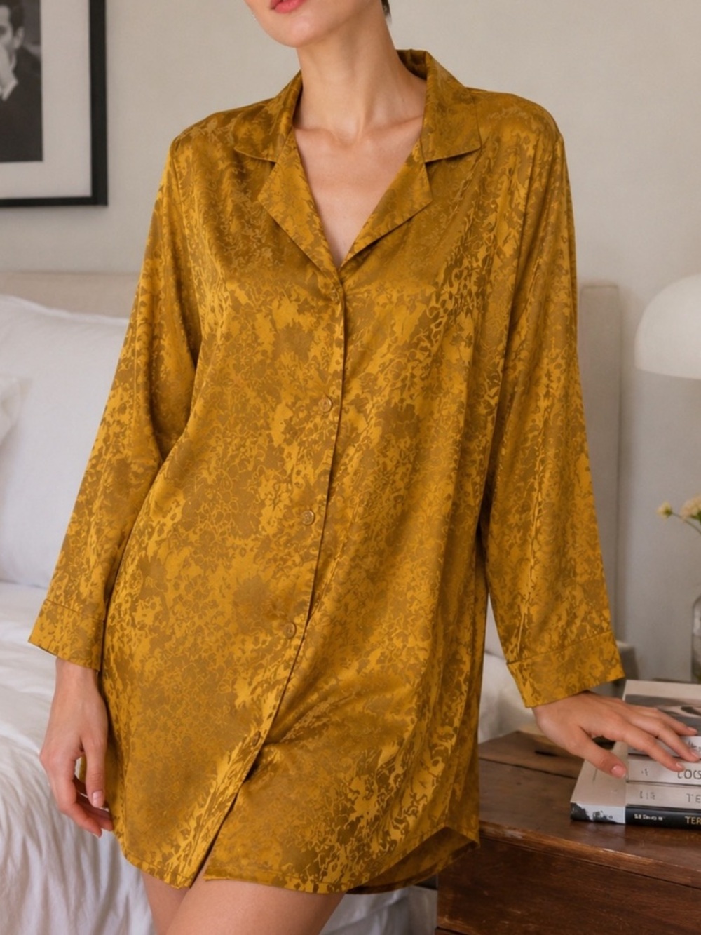 Victorias Secret 90’s Y2K Gold Nightshirt Jacquard Print Petite Small Oversized